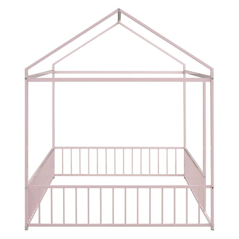 Full Size Metal Bed House Bed Frame with Fence