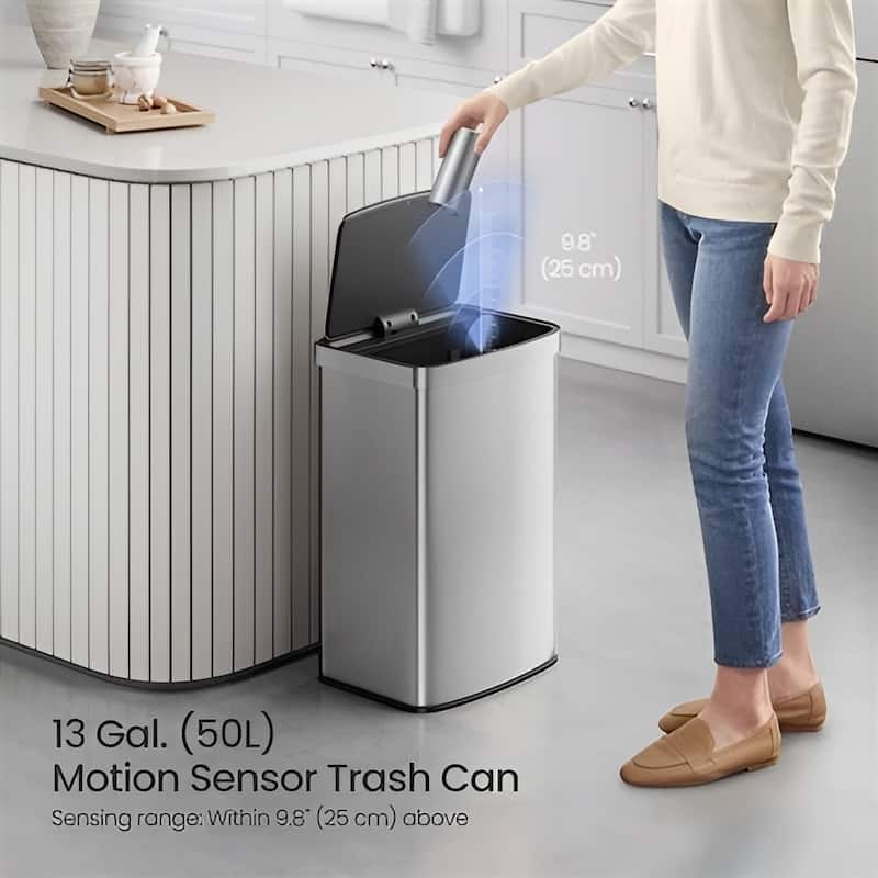 Plastic Steel 13-Gallon Motion Sensor Lid Kitchen Trash Can