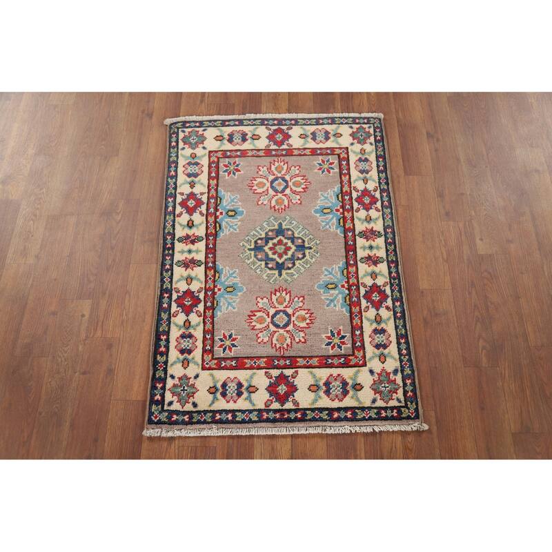 Hand Knotted Oriental 100% Wool Carpet Traditional Geometric Brown Kazak Area Rug - 2' 11'' X 2' 1''