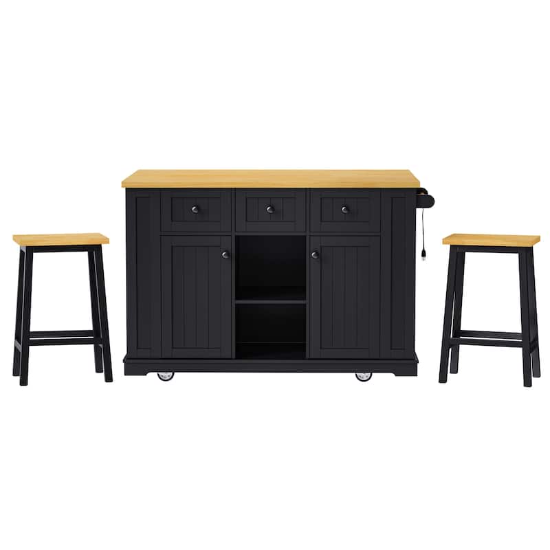 Kitchen Island with 2 Bar Stools, Kitchen Cart with Drop Leaf, Kitchen Cabinet with Built-in Charging Station