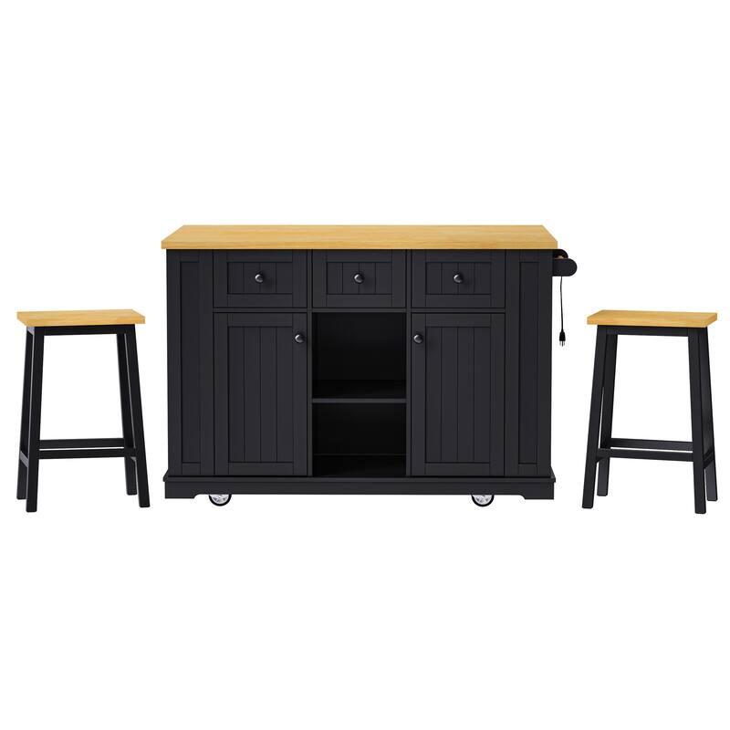Roomfitters Kitchen Island Cart with 2 Bar Stools and Power Outlet