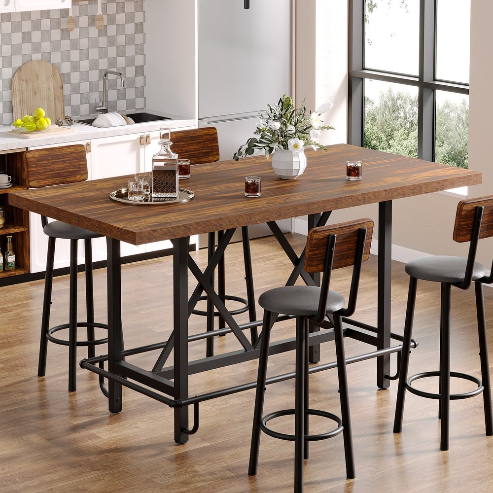 6-People Counter Bar Height Pub Table withe Footrest, Tall Bar Table with Thicken Wood Tabletop and Metal Frame for Home/Kitchen