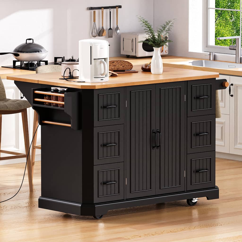 56-Inch Rolling Kitchen Island With Rubber Wood Drop Leaf, Power Outlet, 4 Shelves, 6 Drawers, Embossed Design, And 4 Wheels .