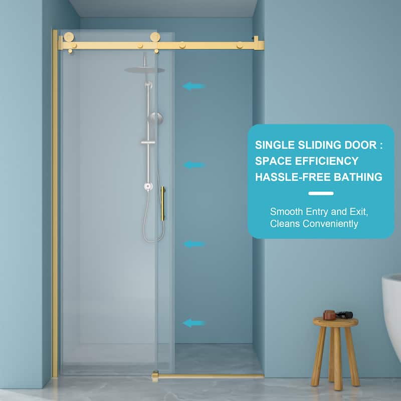 48"W x 76"H Gold Stainless Steel Single-Slide Shower Door with 8mm Tempered Glass – Reversible Left or Right Installation