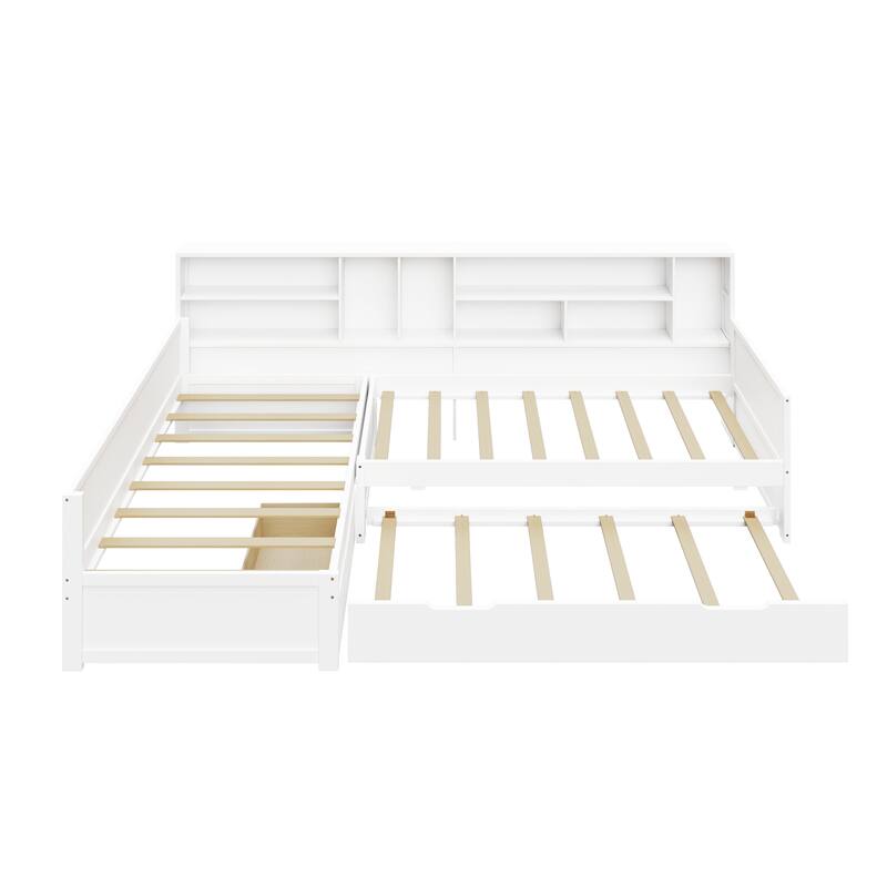 Twin L-Shaped Daybed with Built-In Bookcase, Storage Drawers & Trundle by Harper&Bright Designs