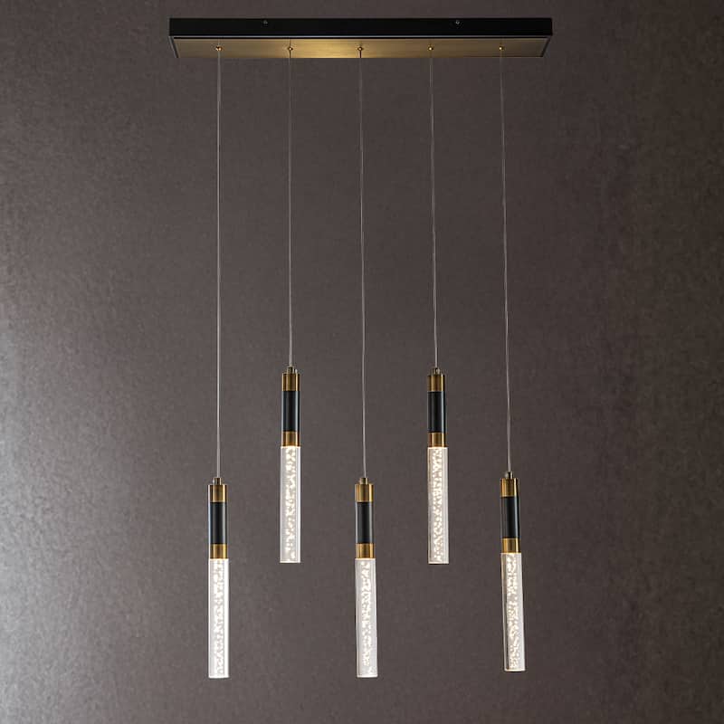 CraftHome 5-Light Modern Linear Seeded Bubble Glass Integrated LED Dimmable Pendant Light In Matte Black For Dining Room - W32''