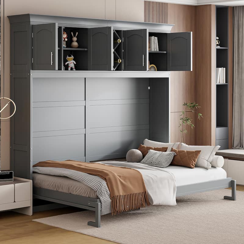 Queen Size Murphy Bed Wall Bed with Top Cabinets & Wine Rack
