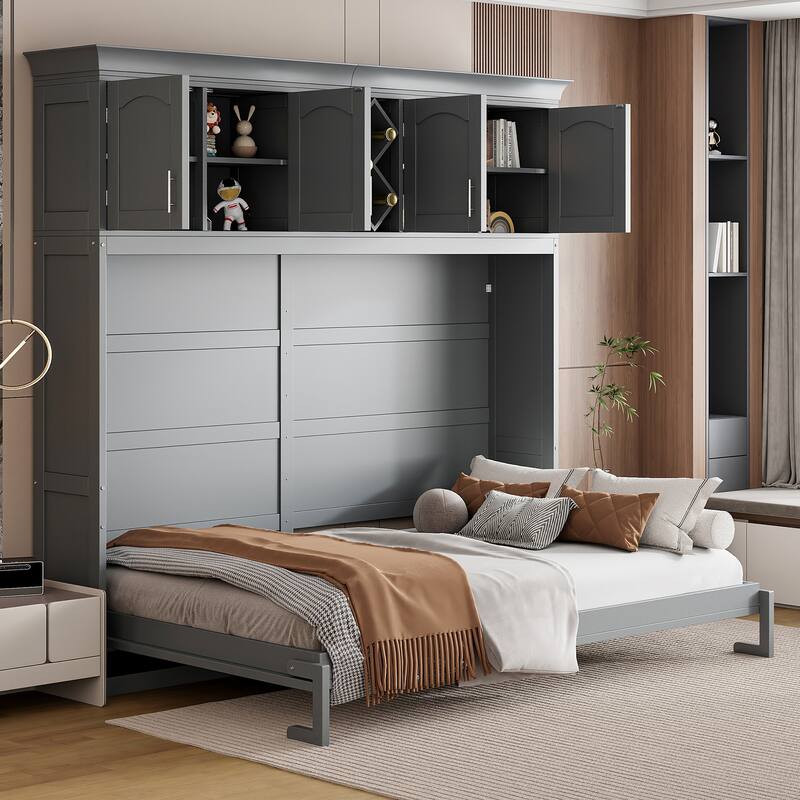 Queen Wall Bed with Upper Storage Cabinets and Built-In Wine Rack, Folding Murphy Bed with Slatted Base