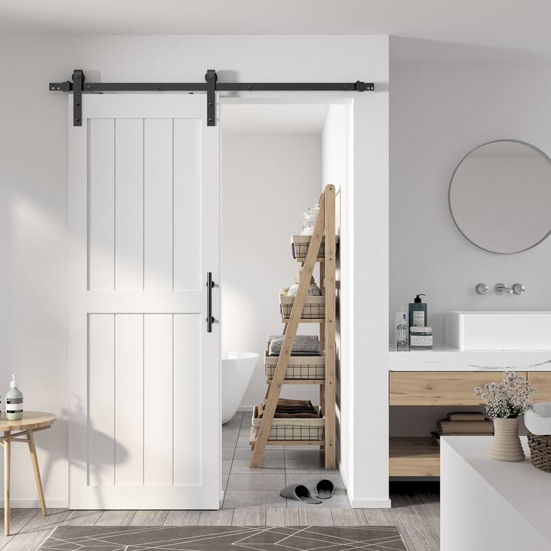 Sanding 30in./32in./36in./42in./48in.x 84in.MDF Barn Door With Sliding Hardware Kit ,Covered with Water-Proof PVC Surface - 30in. x84in. - White