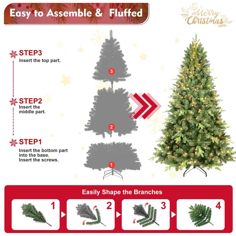 5FT Pre-Lit Christmas Tree with 300 UL Warm White Lights-Classic Green Tree with 967 PE+PVC Tips, Hinged Branches for Easy Setup