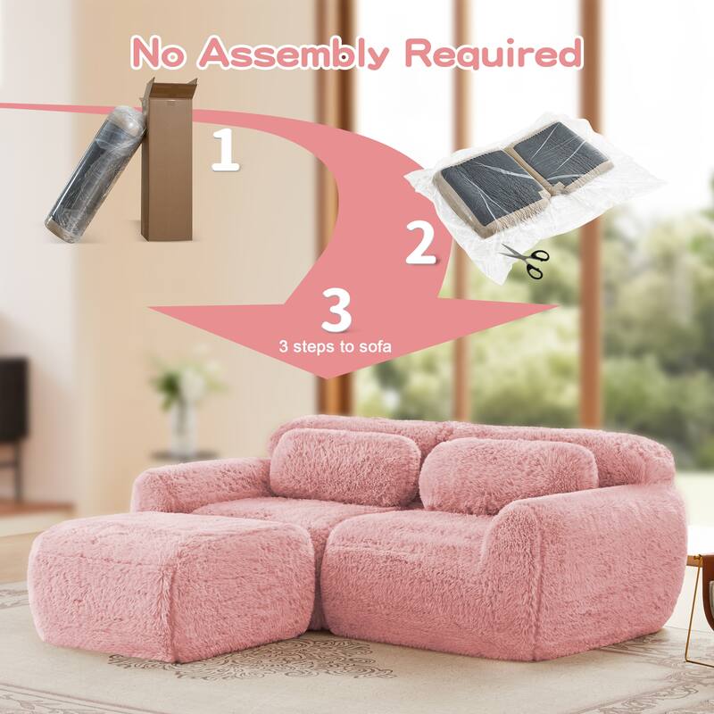 L-shaped Boneless Sofa, Soft Fluffy Plush Fabric, With Chaise 32D High Density Sponge, No Assembly Required