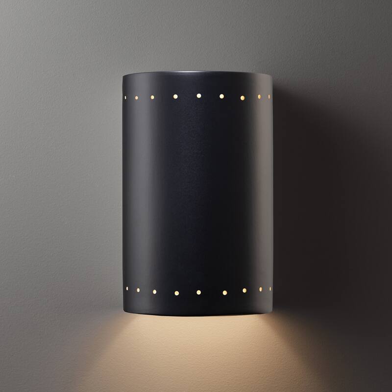 Justice Design Group Ambiance Carbon Matte Black Large Cylinder w/ Perfs Outdoor Closed Top Wall Sconce