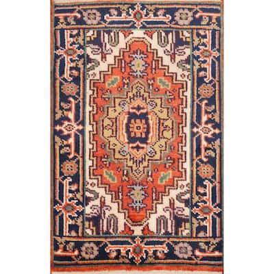 Hand Knotted Oriental 100% Wool Carpet Traditional Medallion Oranges & Rust Heriz (serapi) Area Rug - 3' 0'' X 2' 0''