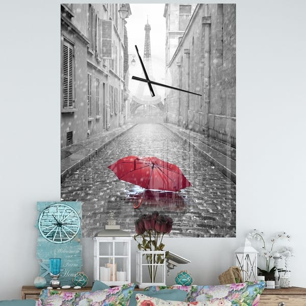 slide 2 of 16, Designart 'Eiffel View from Paris Street' Oversized Industrial Wall CLock 30 in. wide x 40 in. high