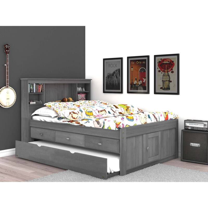 OS Home and Office Furniture Solid Pine Full Captains Bookcase Bed with 3 drawers and a Twin Sized Trundle in Charcoal Gray