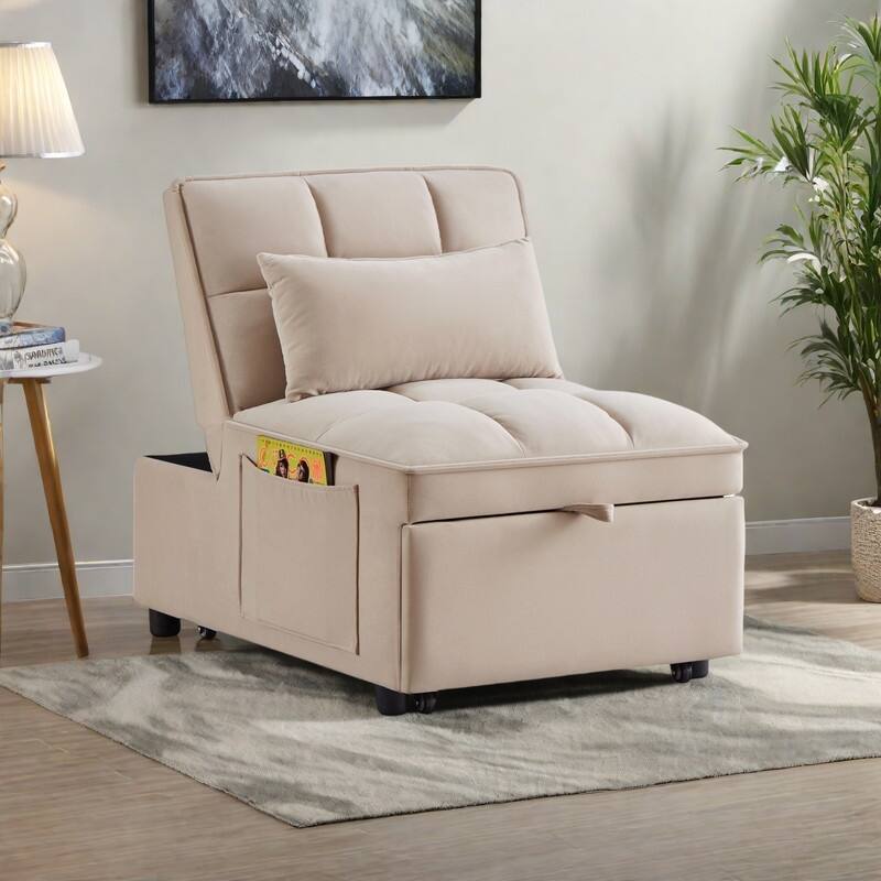 Velvet Multi-Function Chair Bed with Adjustable Backrest, Storage Pockets and Convertible Chaise Design - taupe