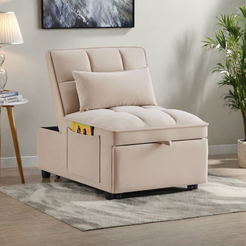 Velvet Multi-Function Chair Bed with Adjustable Backrest, Storage Pockets and Convertible Chaise Design
