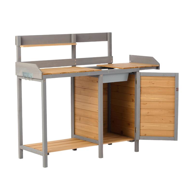 GDF Studio - Outdoor Solid Wood Potting Bench with Sink and Storage Garden Workstation