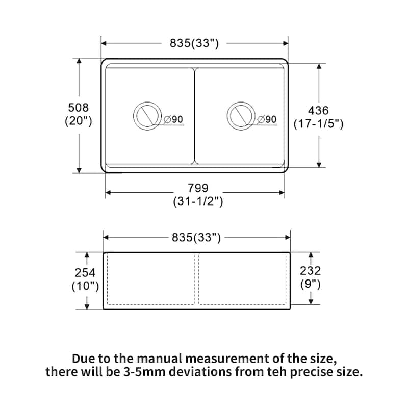 33'' White Farmhouse Double Bowl Ceramic Kitchen Sink - 33'' x 20'' x 10''
