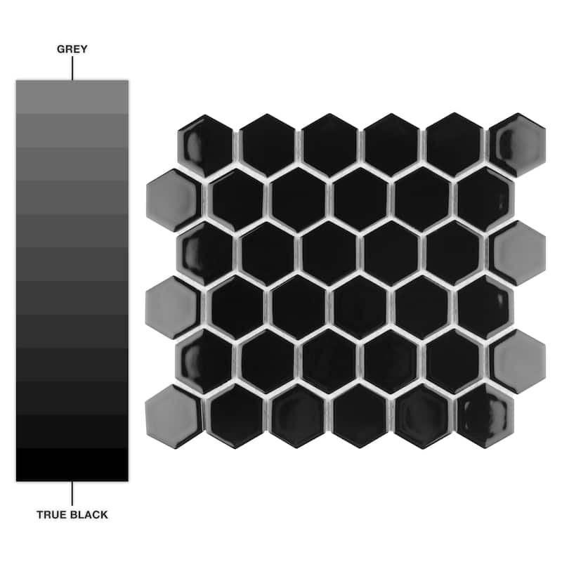 Merola Tile Hudson Due 2" Hex Glossy Black 10-7/8" x 12-5/8" Porcelain Mosaic Floor and Wall Tile