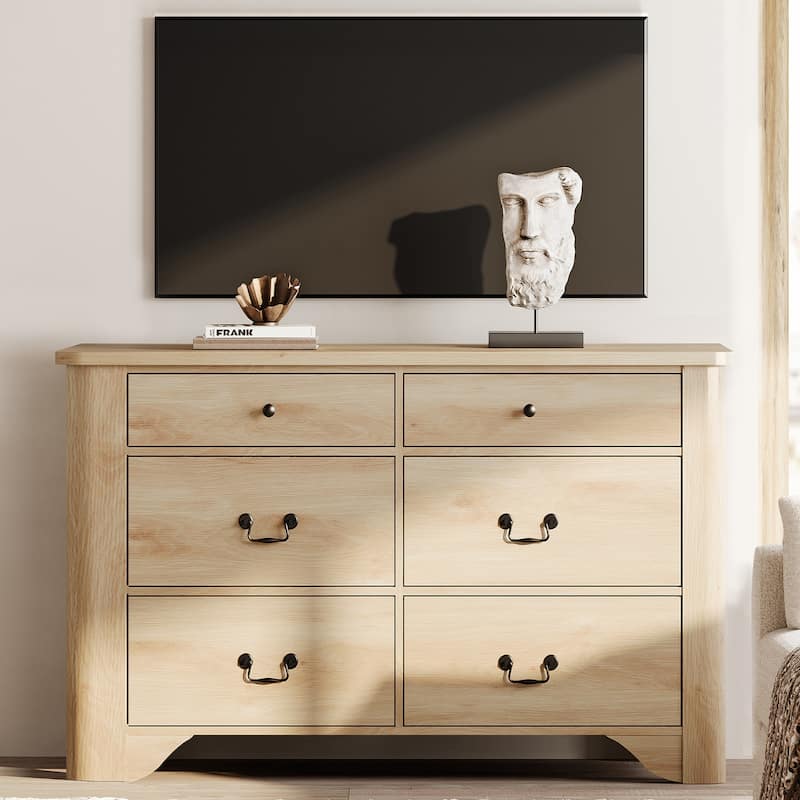 WAMPAT Farmhouse Dresser TV Stand with 6 Drawers for TVs up to 55 Inch, Wood Entertainment Center with Storage - Oak