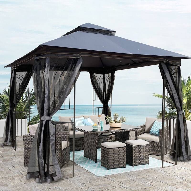 10' X 10' Steel Polyester Soft-Top Double Roof Outdoor Canopy Gazebo