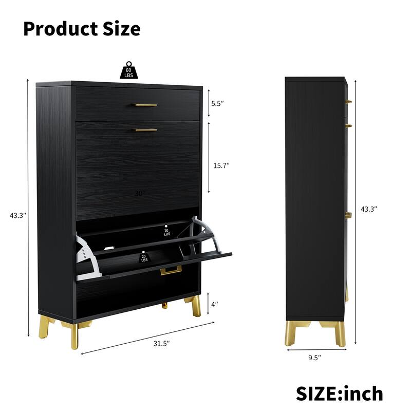 Free-Standing Shoe Organizer Cabinet with 2 Flip-Top Drawers and Metal Legs, Ample Storage for Hallway, Entryway and Porch