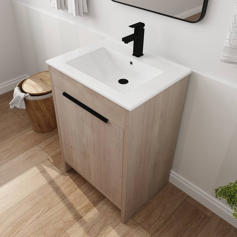 Freestanding Plywood Bathroom Vanity Set in Plain Light Oak with Integrated Sink