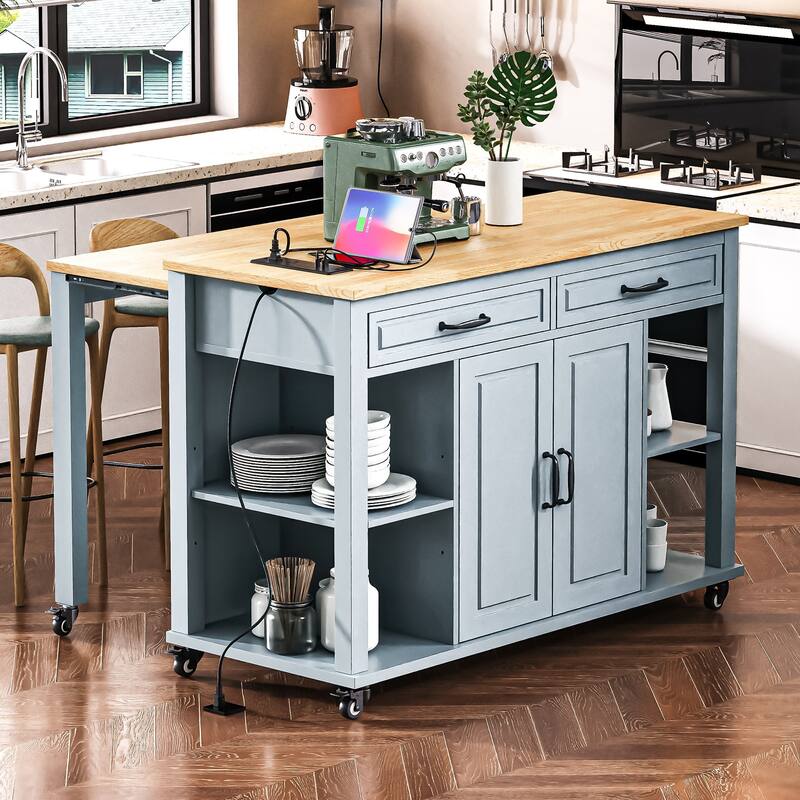 47" Kitchen Island with Extendable Table, Rubber Wood Veneer, Storage & Power - Grey+Blue