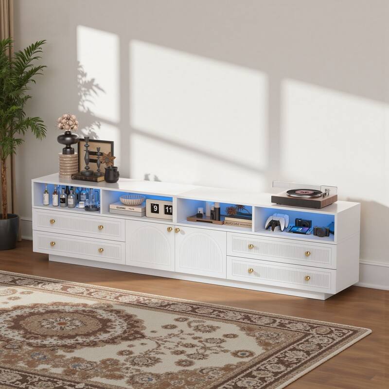 Meyreso 86.6" Modern LED Lighted TV Stand with 4 Open Shelves and Storage Cabinets