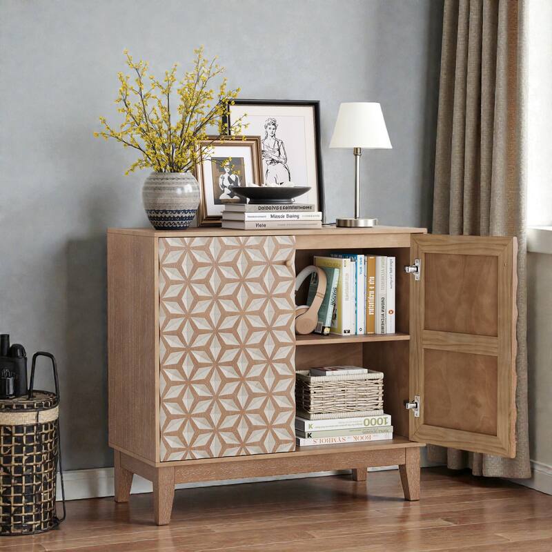 31.5" Geometric Sideboard with 2 Doors and Adjustable Shelves, Rustic Wood Storage Cabinet for Living Room, Kitchen