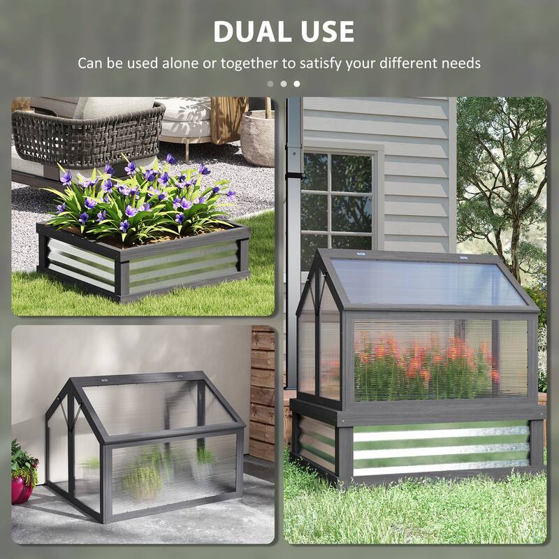 Outsunny Raised Garden Bed with Polycarbonate Greenhouse, Garden Wooden Cold Frame Greenhouse