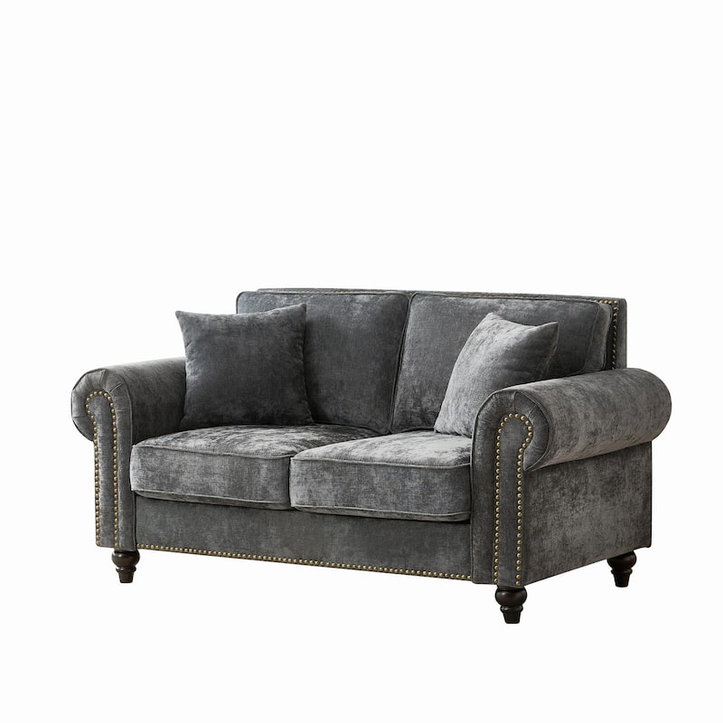 Loveseat with Rolled Armrest, Chenille Upholstered Fabric Sofa, 2-Seater Couch with Solid Wood Legs & Nailhead Trim