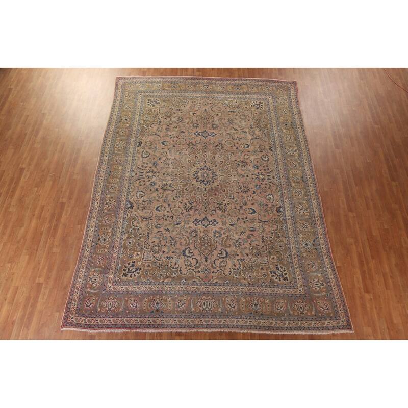Hand Knotted Oriental 100% Wool Carpet Traditional Floral Pink Mashad Area Rug - 12' 5'' X 9' 4''