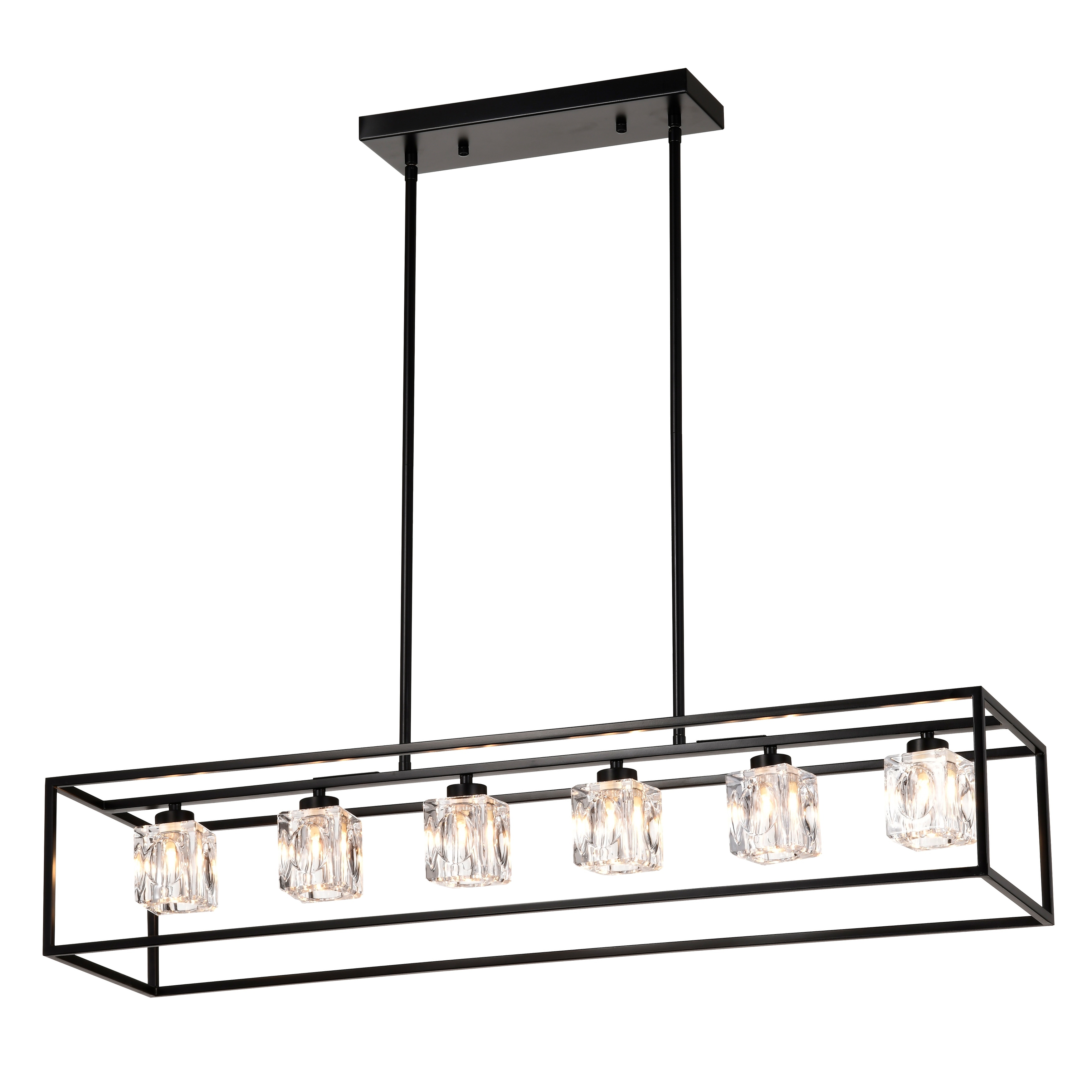 6-Light Modern Industrial Linear Rectangular Crystal Pendant Light Cage Chandelier for Dining Room, Kitchen Island, Bar
