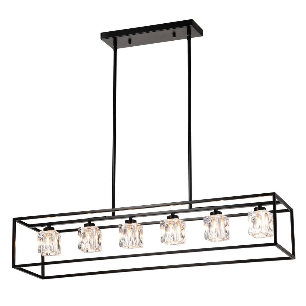 Industrial 6-Light Crystal Farmhouse Chandelier Linear Rectangular Pendant Cage Light, for Dining Room, Kitchen Island, Bar