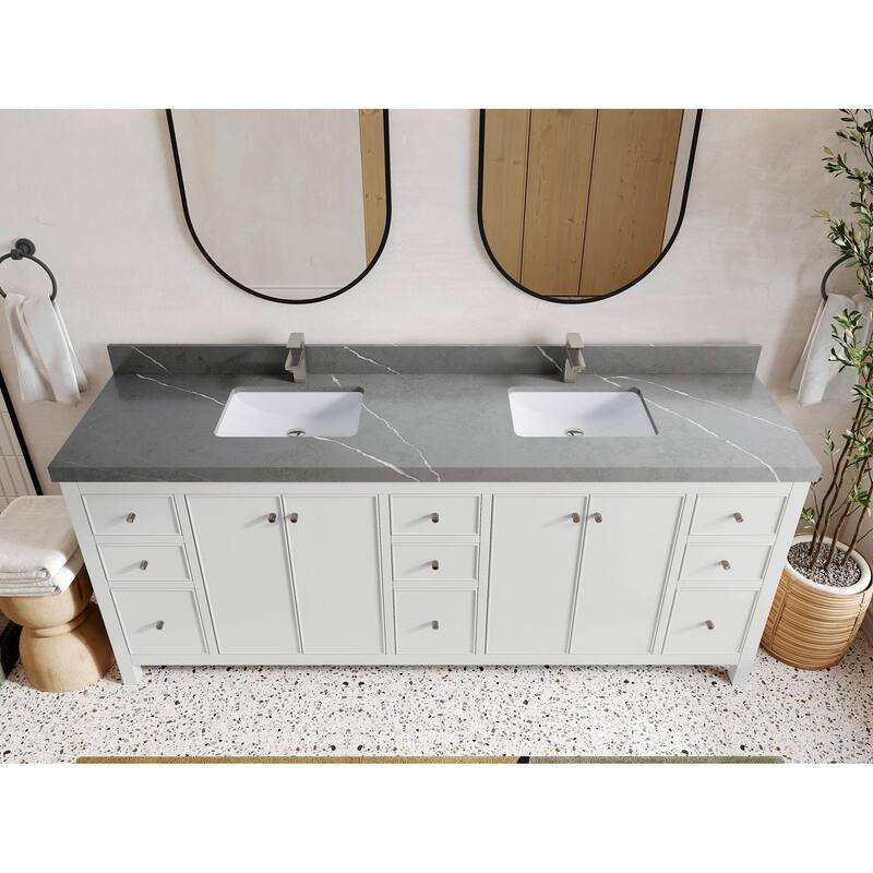 Willow Collections 84 in. W x 22 in. D Chicago Double Bowl Sink Bathroom Vanity with Countertop - 2” Piatra Gray - White