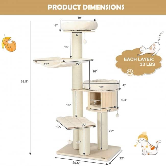 4-Layer 68.5-Inch Wooden Cat Tree Condo Activity Tower with Sisal Posts-Natural - Natural - 29.5" x 22" x 68.5"