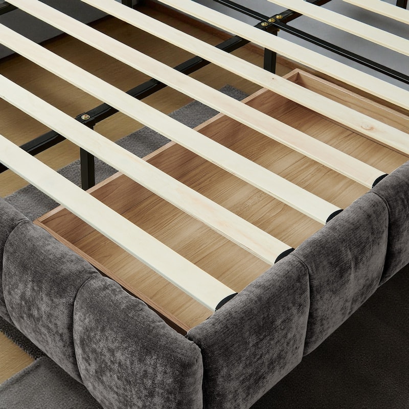 California King Upholstered Bed Frame with Chenille Fabric Headboard and Underbed Storage Drawers Modern Platform Bed