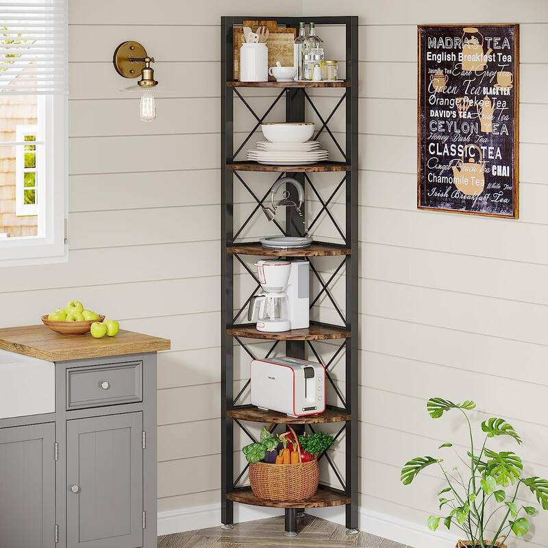 5 Tier Corner Shelves, Rustic Corner Bookshelf Small Bookcase Plant Stand for Living Room