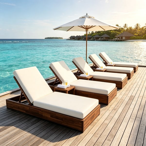 slide 2 of 69, Christopher Knight Home - Ian Set of 4 Outdoor Chaise Lounge, Acacia Wood Adjustable Reclining & Water-Resistant Cushion Beige+Brown