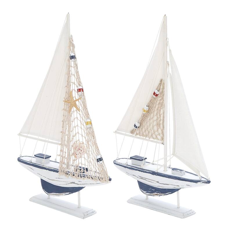White Wood Handmade Sail Boat Decorative Sculpture (Set of 2)