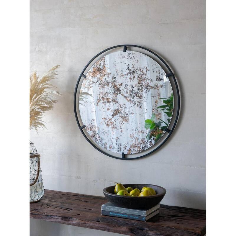 Black Iron Round Wall Mirror with Antique Finish, Vertical Accent Design - 0.7” x 31.5” x 31.5” (D x W x H)