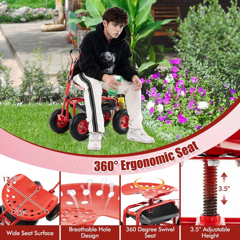 Costway Garden Cart Patio Wagon Roll Work Seat with Tray Basket - See Details