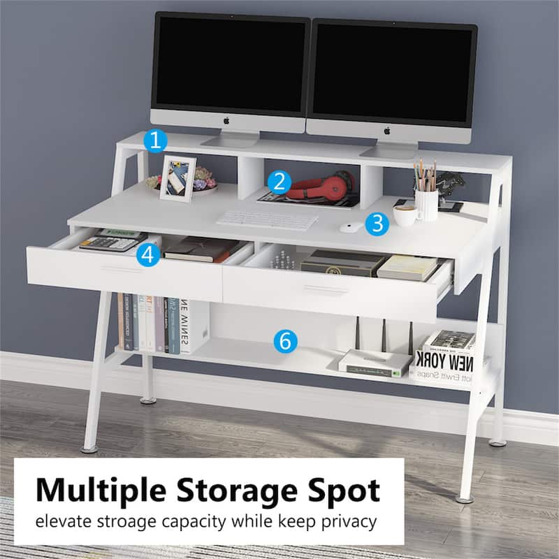 47 inch Computer Desk with Drawers, Office Writing Desk with Shelves