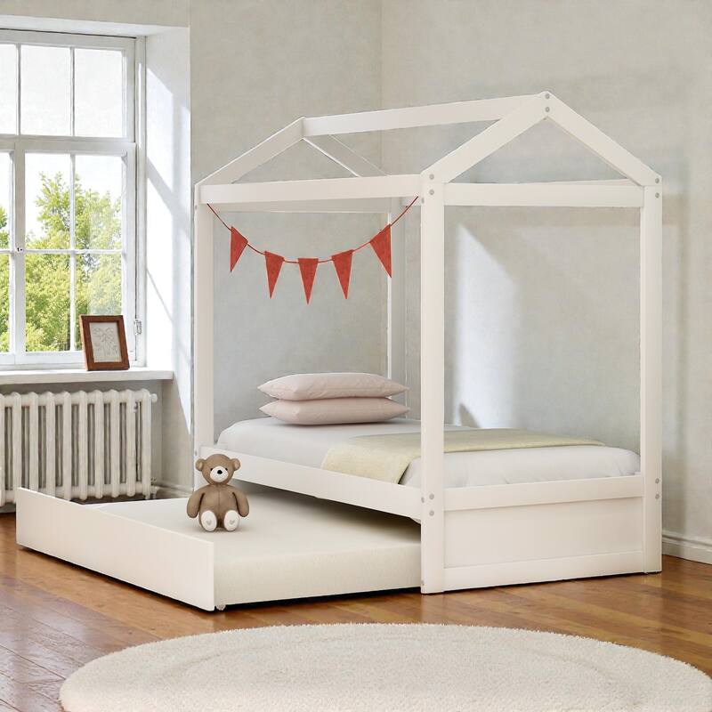 Twin Size House Bed with Trundle, Pine Wood Frame, Roof Design, Kids Playhouse Bed with Decor-Friendly Rails