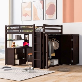 Full Size Loft Bed with Drawers,Desk,and Wardrobe-Espresso