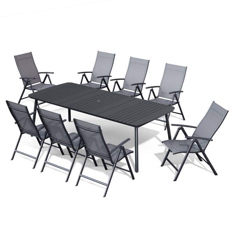 Outdoor Patio Dining Table Rectangular Aluminum with Durable Adjustable Reclining Folding Chair - 92.9in-Black-Table&Grey-Chair