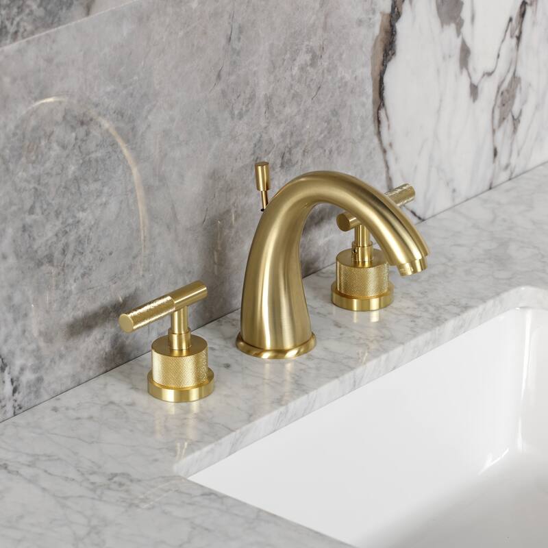 Kingston Brass Convergent Two-Handle 3-Hole Deck Mount Widespread Bathroom Faucet with Knurled Handle and Brass Pop-Up Drain