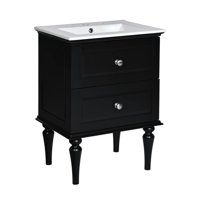 Bathroom Vanity with Ceramic Sink, Small Bathroom Vanity with 2 Drawers, Bathroom Storage Cabinet with Tip-Out Drawer